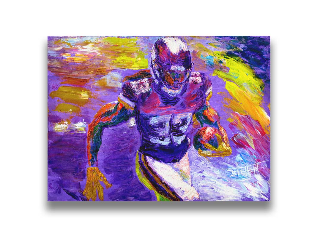 A painting of Minnesota Vikings football player Dalvin Cook, running with a football. It's painted in a palette based on the Minnesota Viking colors of purple and yellow. Printed on canvas.