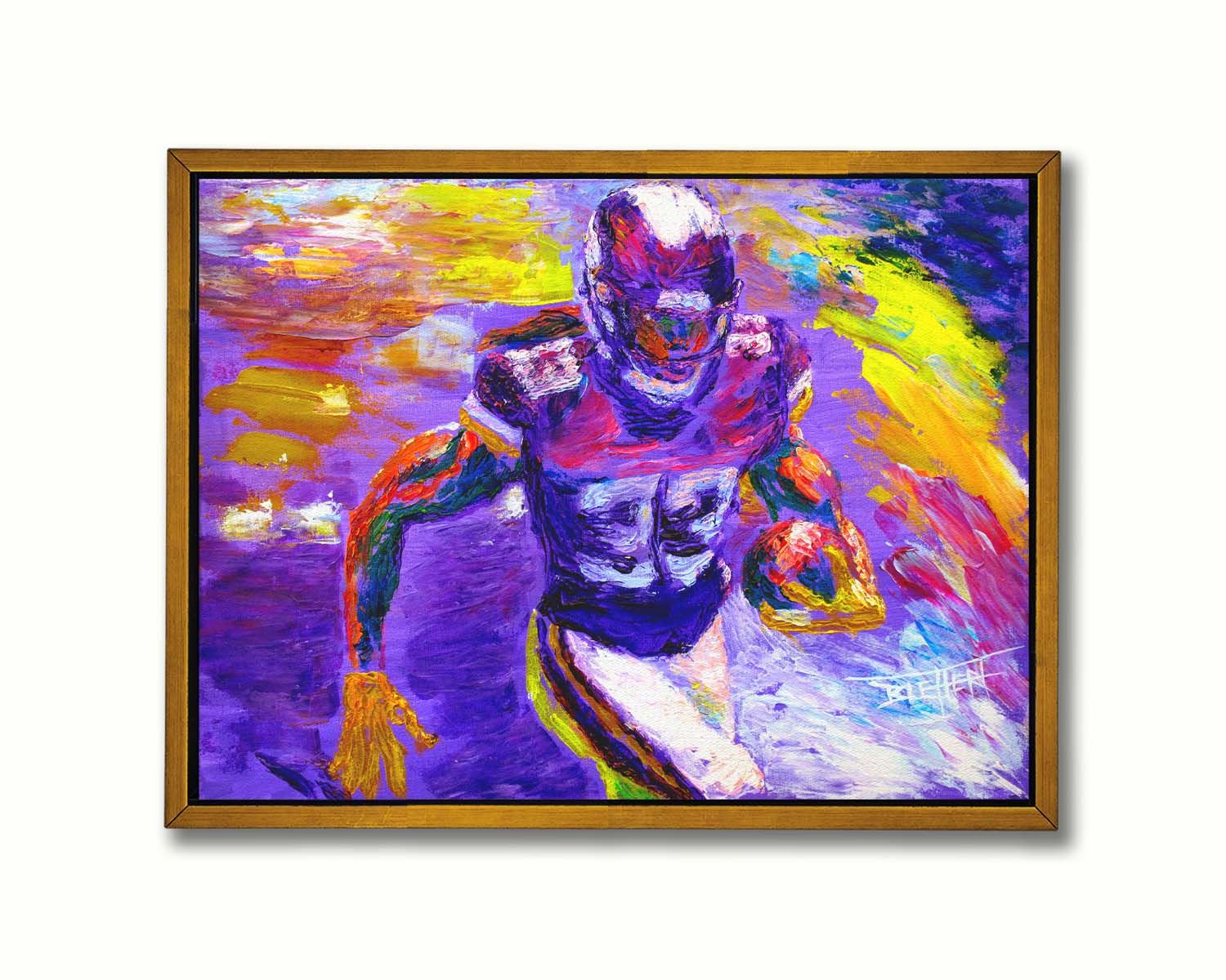 A painting of Minnesota Vikings football player Dalvin Cook, running with a football. It's painted in a palette based on the Minnesota Viking colors of purple and yellow. Printed on canvas in a float frame.