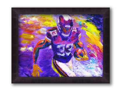 A painting of Minnesota Vikings football player Dalvin Cook, running with a football. It's painted in a palette based on the Minnesota Viking colors of purple and yellow. Printed on canvas and framed.