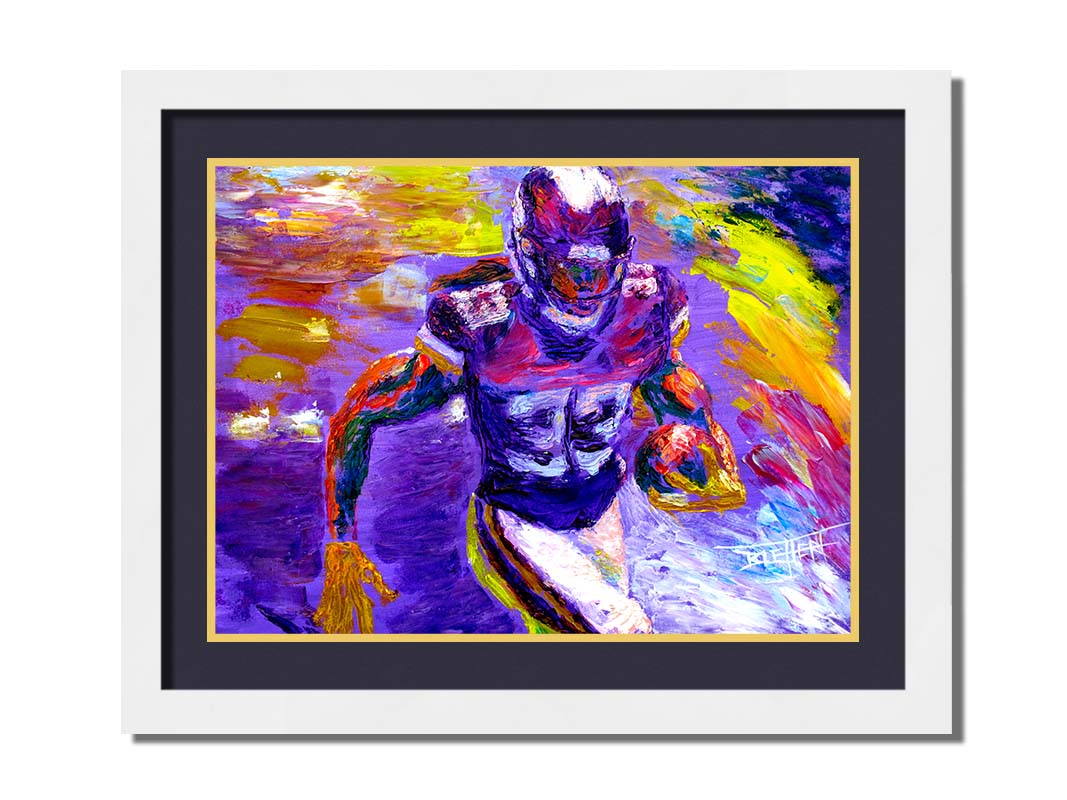 A painting of Minnesota Vikings football player Dalvin Cook, running with a football. It's painted in a palette based on the Minnesota Viking colors of purple and yellow. Printed on paper, matted, and framed.