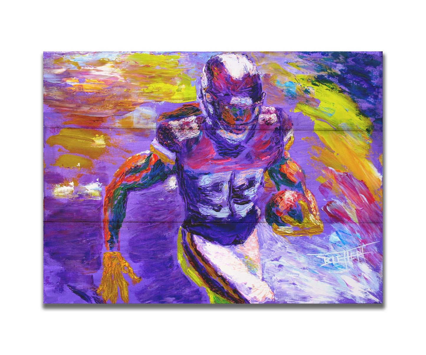 A painting of Minnesota Vikings football player Dalvin Cook, running with a football. It's painted in a palette based on the Minnesota Viking colors of purple and yellow. Printed on a box board.