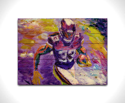 A painting of Minnesota Vikings football player Dalvin Cook, running with a football. It's painted in a palette based on the Minnesota Viking colors of purple and yellow. Printed on a wood pallet.