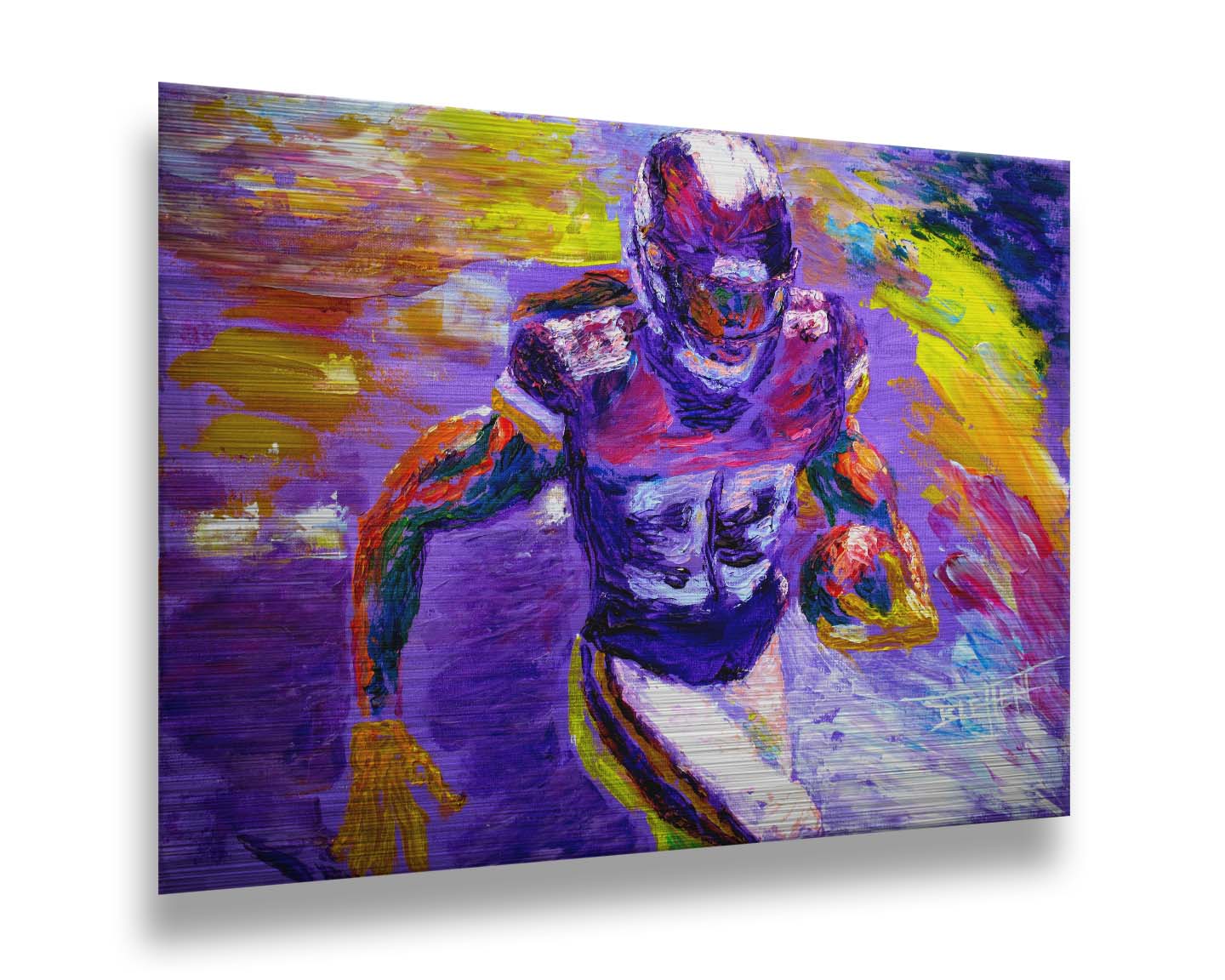 A painting of Minnesota Vikings football player Dalvin Cook, running with a football. It's painted in a palette based on the Minnesota Viking colors of purple and yellow. Printed on metal.