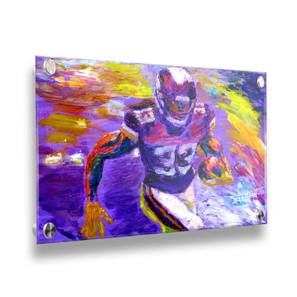 A painting of Minnesota Vikings football player Dalvin Cook, running with a football. It's painted in a palette based on the Minnesota Viking colors of purple and yellow. Printed on acrylic.