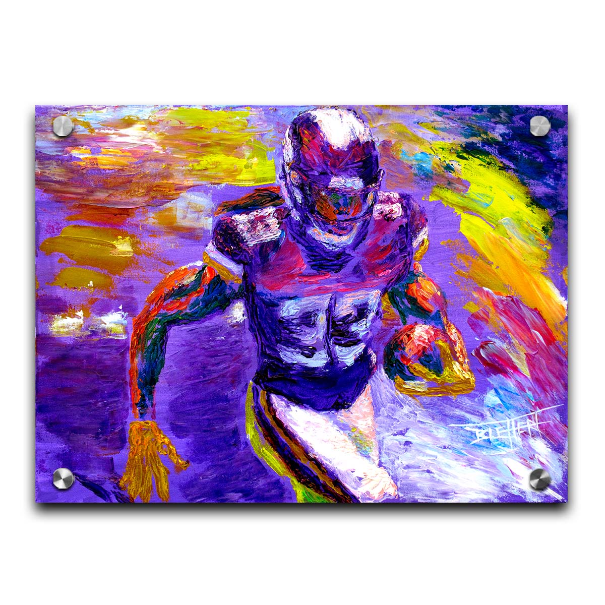 A painting of Minnesota Vikings football player Dalvin Cook, running with a football. It's painted in a palette based on the Minnesota Viking colors of purple and yellow. Printed on acrylic.