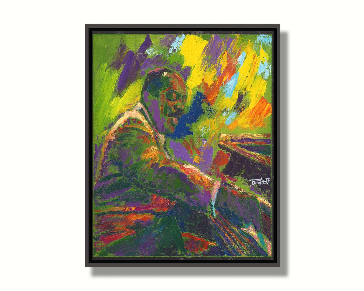 A painting of famed jazz pianist William James "Count" Basie playing the piano. Printed on canvas in a float frame.