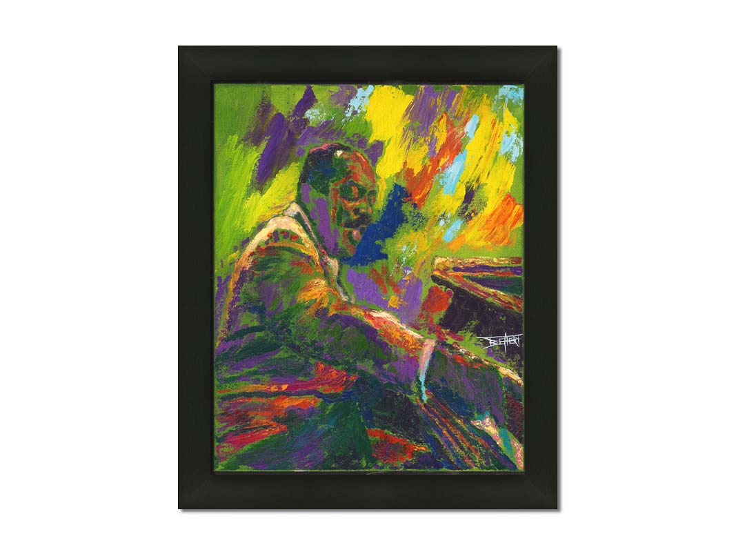 A painting of famed jazz pianist William James "Count" Basie playing the piano. Printed on paper, matted, and framed.