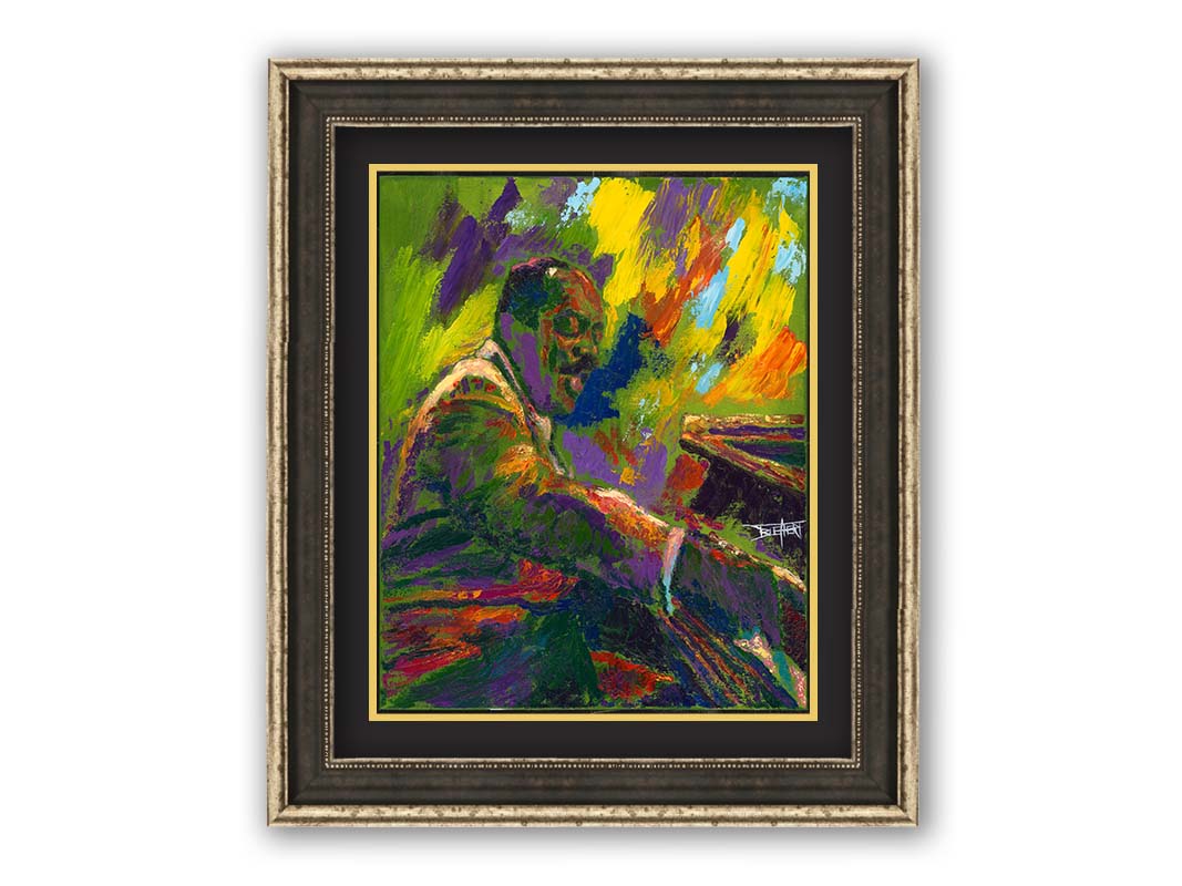 A painting of famed jazz pianist William James "Count" Basie playing the piano. Printed on canvas and framed.