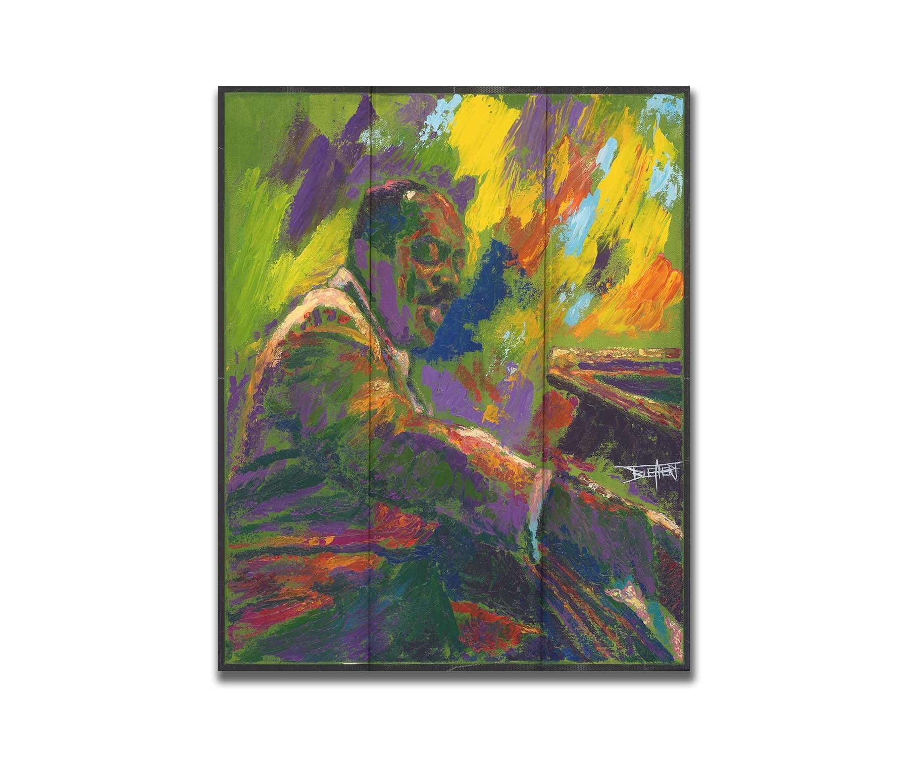 A painting of famed jazz pianist William James "Count" Basie playing the piano. Printed on a box board.