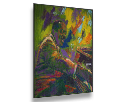 A painting of famed jazz pianist William James "Count" Basie playing the piano. Printed on metal.