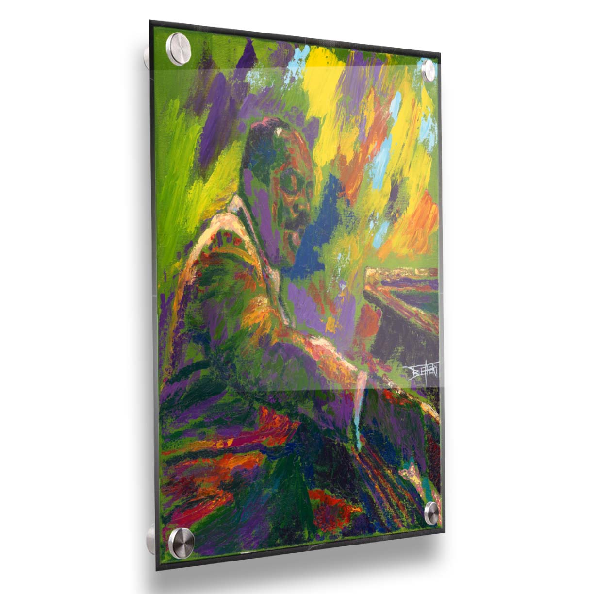 A painting of famed jazz pianist William James "Count" Basie playing the piano. Printed on acrylic.