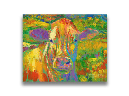 A painting of a cow standing in a pasture. It is painted in arbitrary colors, using a broad spectrum of bright colors from red through purple. Printed on canvas.