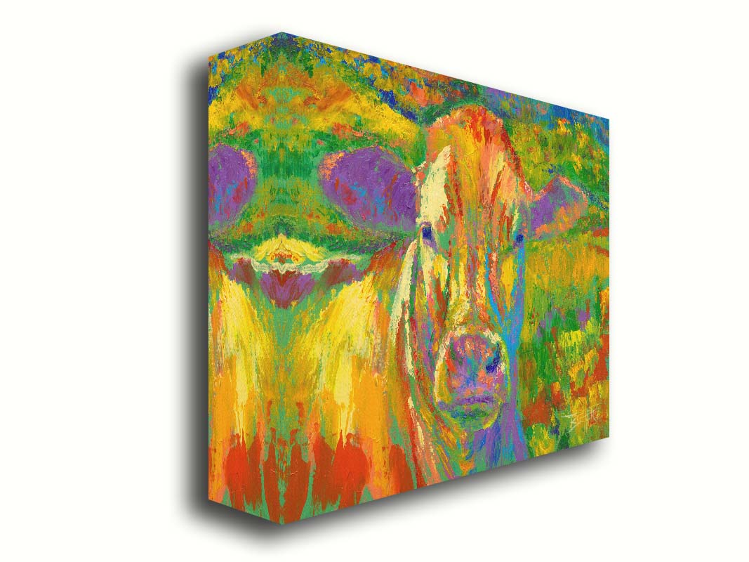 A painting of a cow standing in a pasture. It is painted in arbitrary colors, using a broad spectrum of bright colors from red through purple. Printed on canvas.