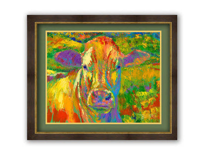 A painting of a cow standing in a pasture. It is painted in arbitrary colors, using a broad spectrum of bright colors from red through purple. Printed on paper, matted, and framed.