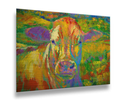 A painting of a cow standing in a pasture. It is painted in arbitrary colors, using a broad spectrum of bright colors from red through purple. Printed on metal.