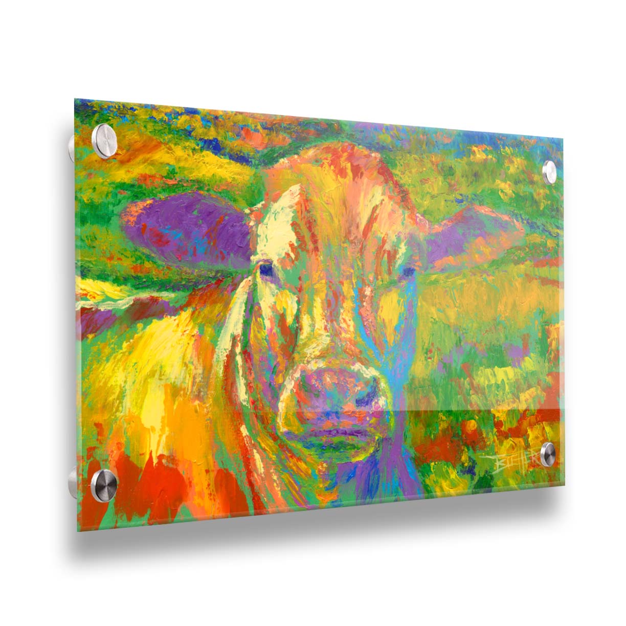 A painting of a cow standing in a pasture. It is painted in arbitrary colors, using a broad spectrum of bright colors from red through purple. Printed on acrylic.