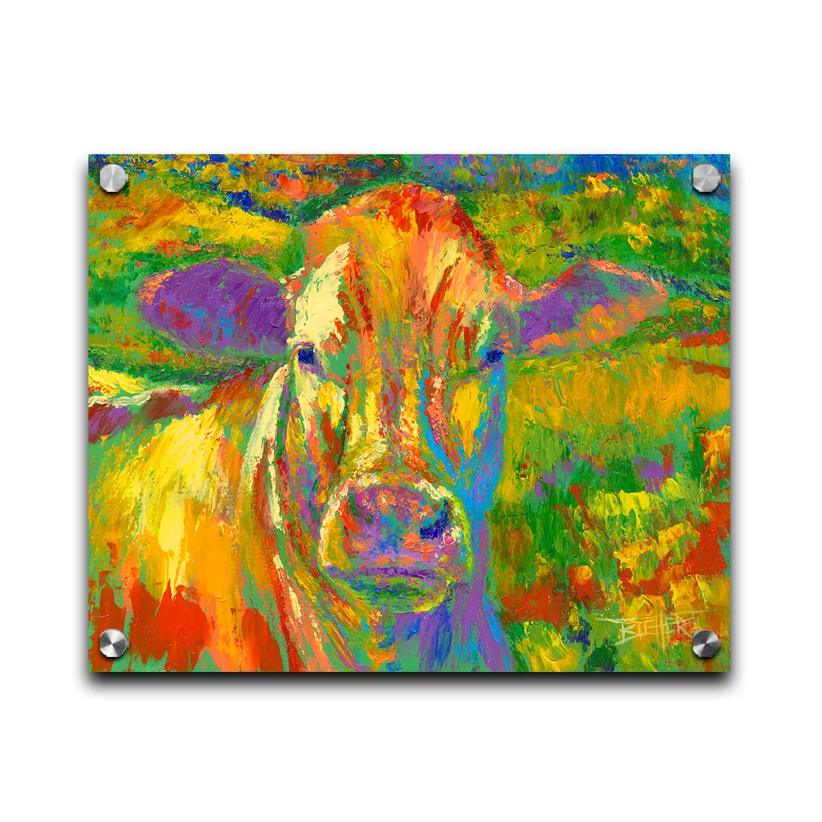 A painting of a cow standing in a pasture. It is painted in arbitrary colors, using a broad spectrum of bright colors from red through purple. Printed on acrylic.