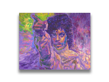 A painting of the highly acclaimed musician Prince dancing. It is painted in a primarily purple palette, a color with which Prince is heavily associated, accented by green. Printed on canvas.