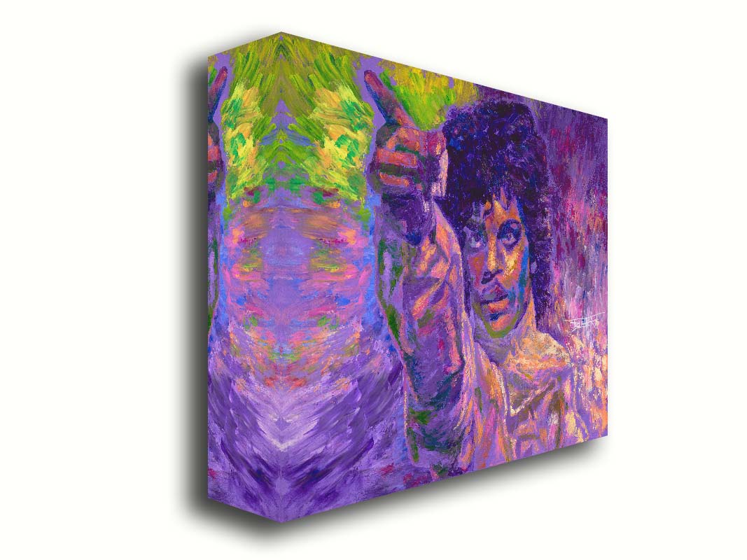 A painting of the highly acclaimed musician Prince dancing. It is painted in a primarily purple palette, a color with which Prince is heavily associated, accented by green. Printed on canvas.