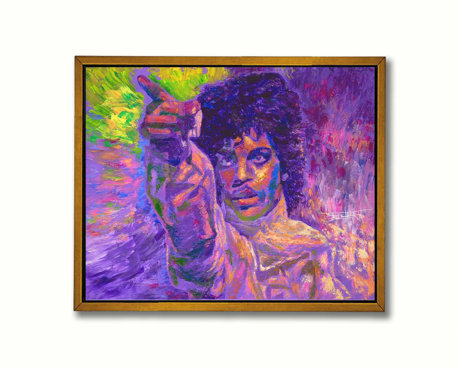 A painting of the highly acclaimed musician Prince dancing. It is painted in a primarily purple palette, a color with which Prince is heavily associated, accented by green. Printed on canvas in a float frame.