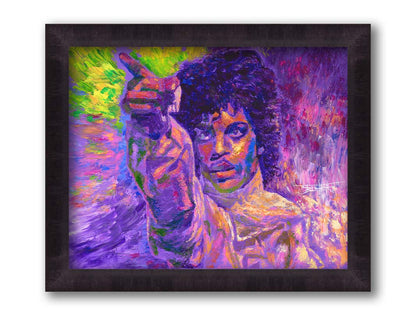 A painting of the highly acclaimed musician Prince dancing. It is painted in a primarily purple palette, a color with which Prince is heavily associated, accented by green. Printed on canvas and framed.