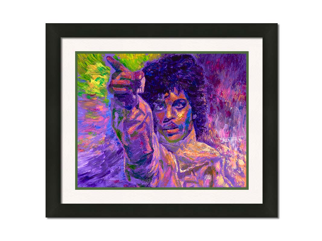 A painting of the highly acclaimed musician Prince dancing. It is painted in a primarily purple palette, a color with which Prince is heavily associated, accented by green. Printed on paper, matted, and framed.