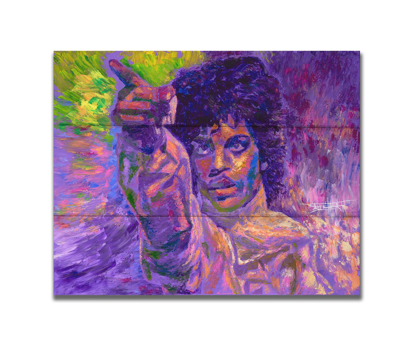 A painting of the highly acclaimed musician Prince dancing. It is painted in a primarily purple palette, a color with which Prince is heavily associated, accented by green. Printed on a box board.