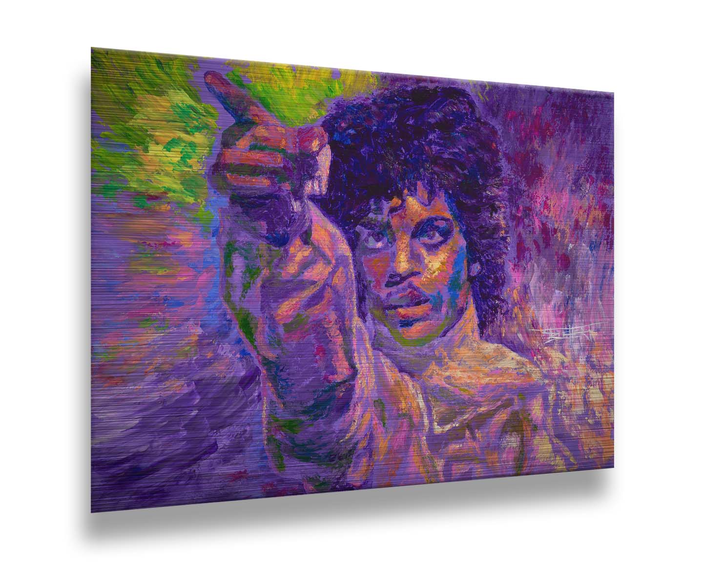 A painting of the highly acclaimed musician Prince dancing. It is painted in a primarily purple palette, a color with which Prince is heavily associated, accented by green. Printed on metal.