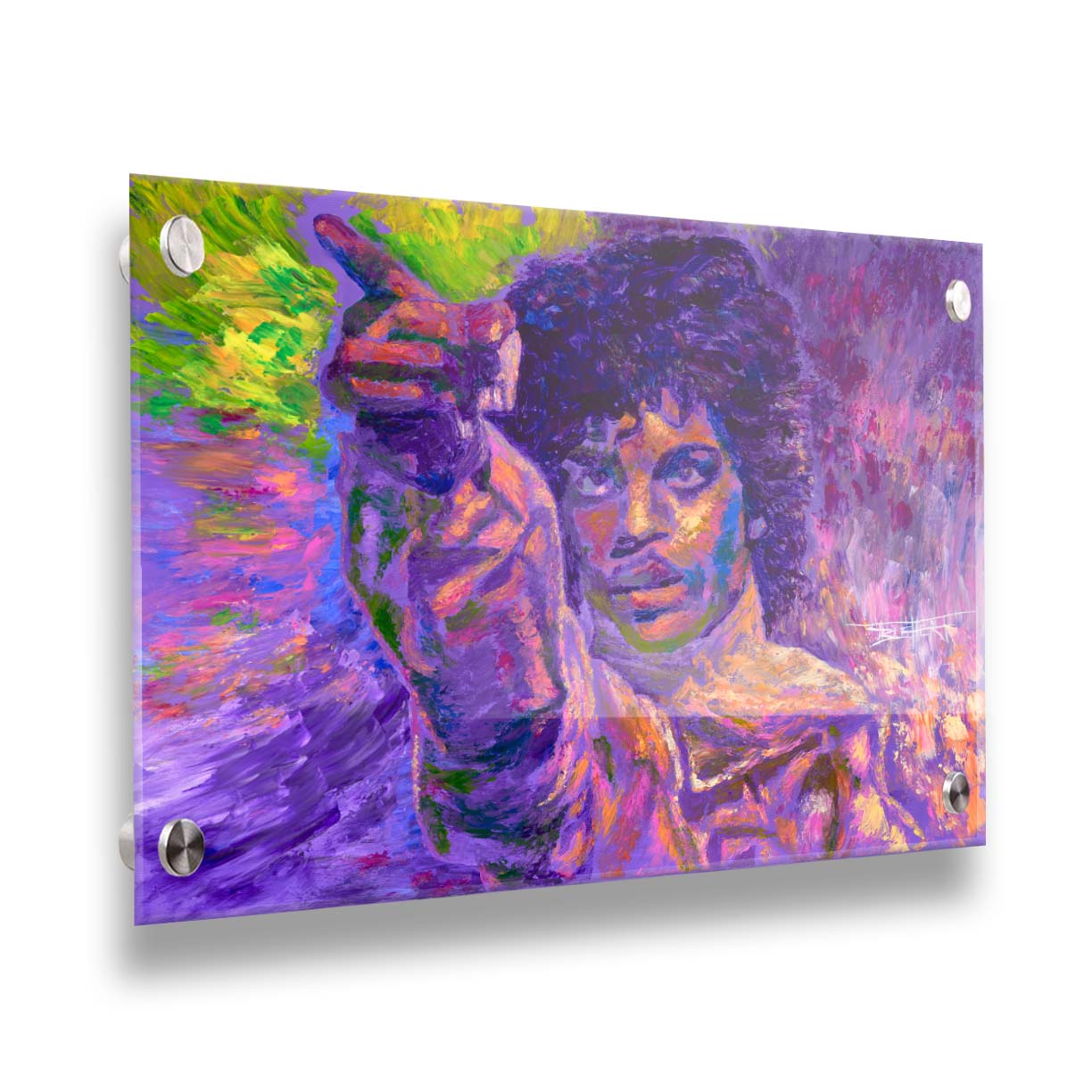 A painting of the highly acclaimed musician Prince dancing. It is painted in a primarily purple palette, a color with which Prince is heavily associated, accented by green. Printed on acrylic.