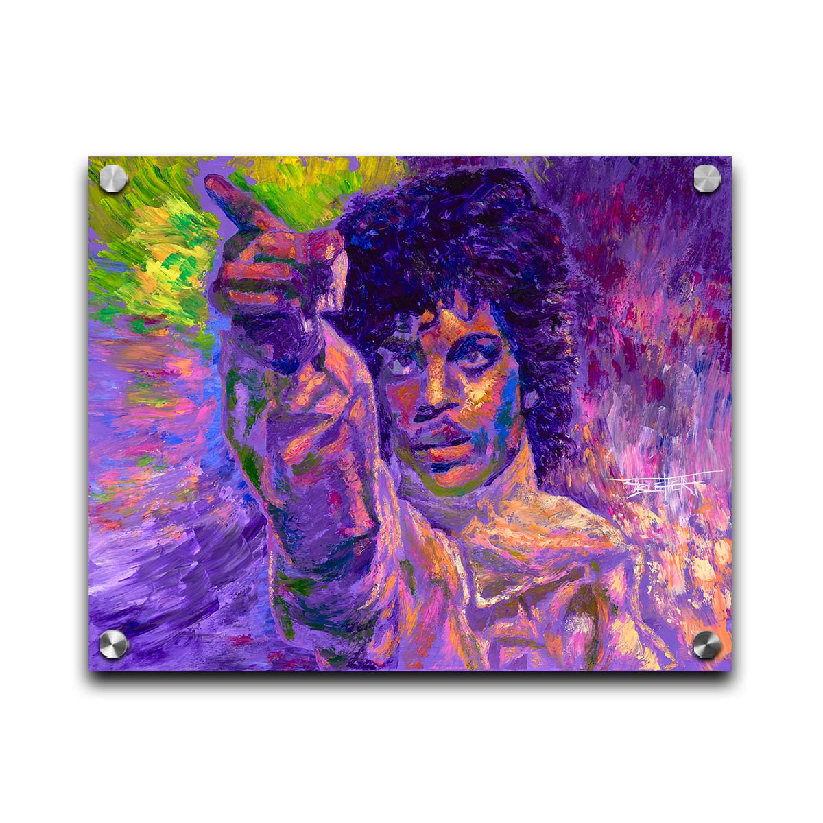 A painting of the highly acclaimed musician Prince dancing. It is painted in a primarily purple palette, a color with which Prince is heavily associated, accented by green. Printed on acrylic.