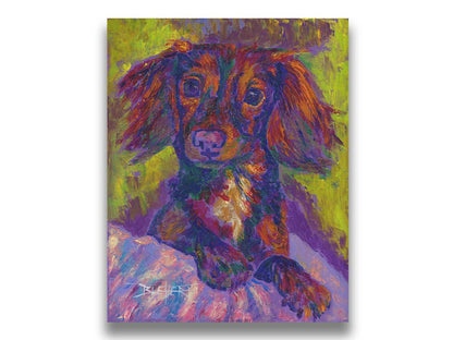 A painting of a dachshund, or wiener dog, lying on a cushion or blanket. It is perking up playfully, and it is painted using a purple, green, and brown palette. Printed on canvas.