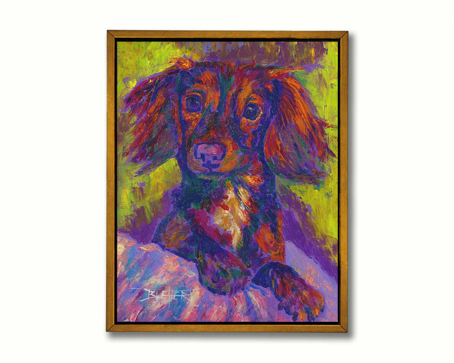 A painting of a dachshund, or wiener dog, lying on a cushion or blanket. It is perking up playfully, and it is painted using a purple, green, and brown palette. Printed on canvas in a float frame.