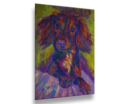 A painting of a dachshund, or wiener dog, lying on a cushion or blanket. It is perking up playfully, and it is painted using a purple, green, and brown palette. Printed on metal.