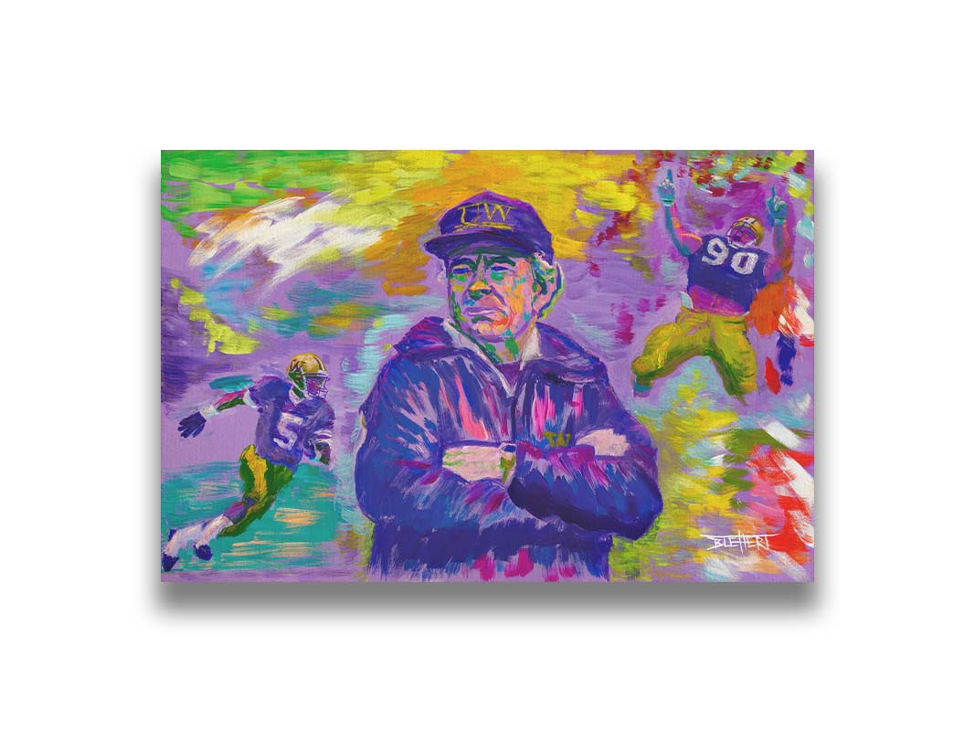 A painting of the University of Washington's 1991 national football team, including coach Don James, defensive end Steve Emtman, and wide receiver Mario Bailey. Their portraits are collaged on an abstract, colorful background in primarily purples and yellows, accented with reds, greens, and blues. Printed on canvas.