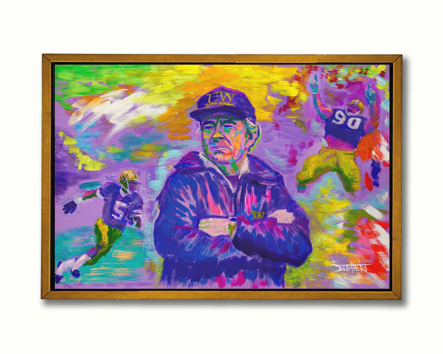 A painting of the University of Washington's 1991 national football team, including coach Don James, defensive end Steve Emtman, and wide receiver Mario Bailey. Their portraits are collaged on an abstract, colorful background in primarily purples and yellows, accented with reds, greens, and blues. Printed on canvas in a float frame.