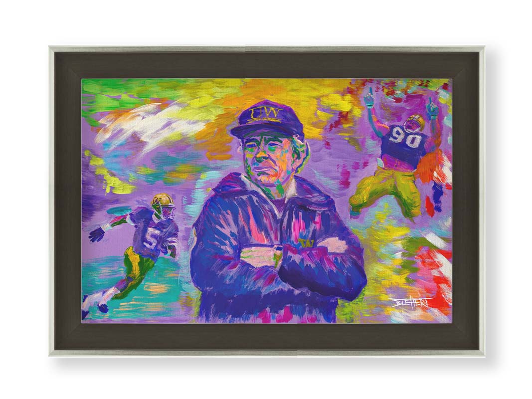 A painting of the University of Washington's 1991 national football team, including coach Don James, defensive end Steve Emtman, and wide receiver Mario Bailey. Their portraits are collaged on an abstract, colorful background in primarily purples and yellows, accented with reds, greens, and blues. Printed on canvas and framed.