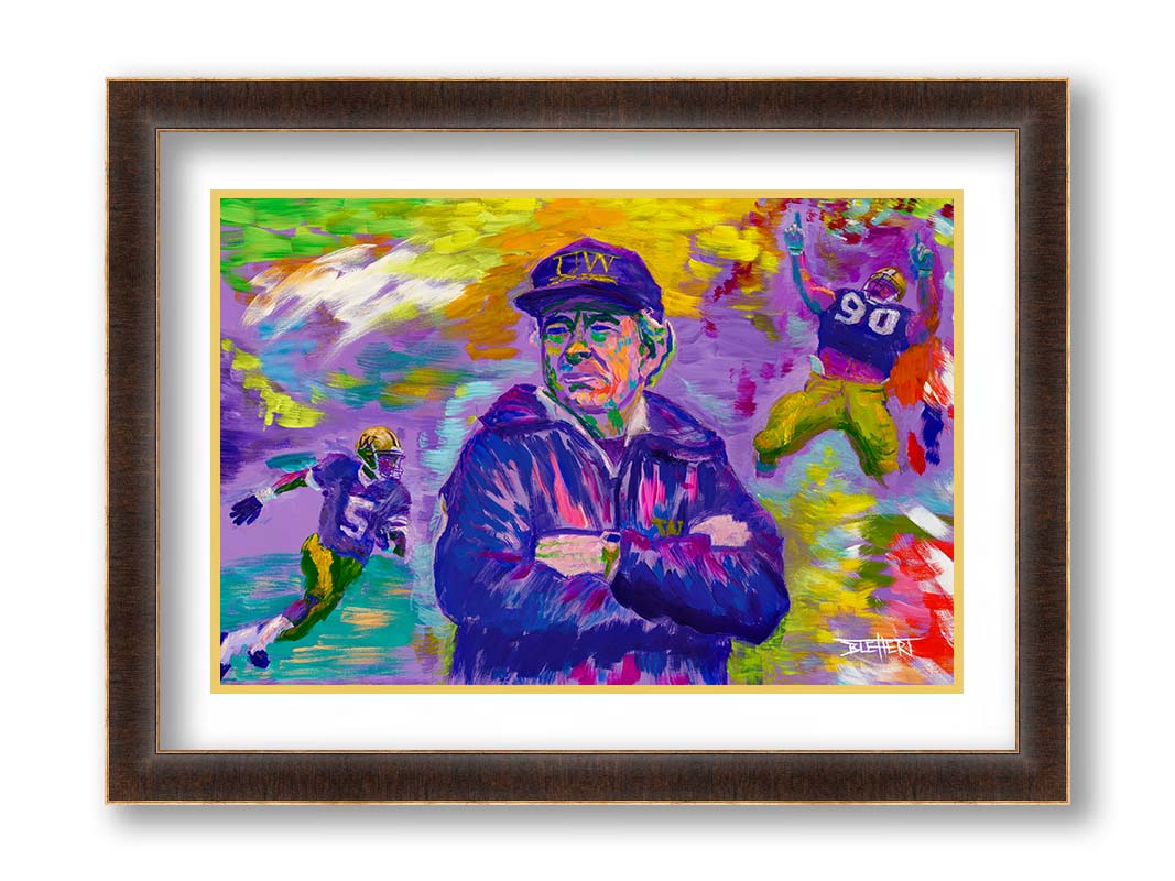 A painting of the University of Washington's 1991 national football team, including coach Don James, defensive end Steve Emtman, and wide receiver Mario Bailey. Their portraits are collaged on an abstract, colorful background in primarily purples and yellows, accented with reds, greens, and blues. Printed on paper, matted, and framed.