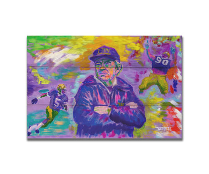 A painting of the University of Washington's 1991 national football team, including coach Don James, defensive end Steve Emtman, and wide receiver Mario Bailey. Their portraits are collaged on an abstract, colorful background in primarily purples and yellows, accented with reds, greens, and blues. Printed on a box board.