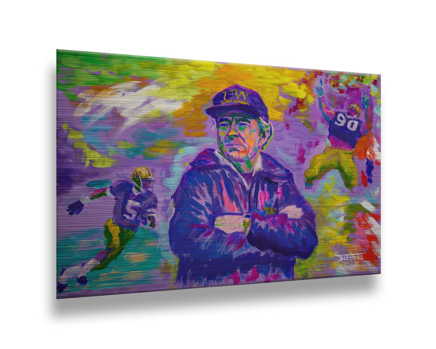 A painting of the University of Washington's 1991 national football team, including coach Don James, defensive end Steve Emtman, and wide receiver Mario Bailey. Their portraits are collaged on an abstract, colorful background in primarily purples and yellows, accented with reds, greens, and blues. Printed on metal.