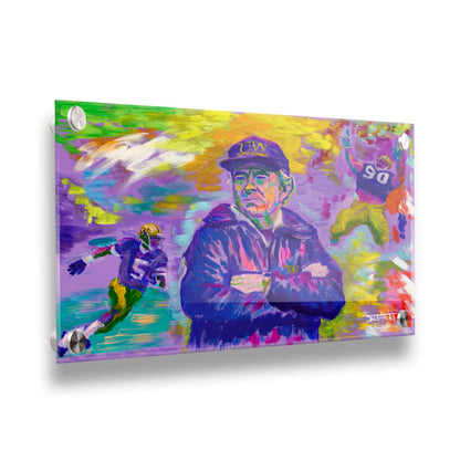 A painting of the University of Washington's 1991 national football team, including coach Don James, defensive end Steve Emtman, and wide receiver Mario Bailey. Their portraits are collaged on an abstract, colorful background in primarily purples and yellows, accented with reds, greens, and blues. Printed on acrylic.