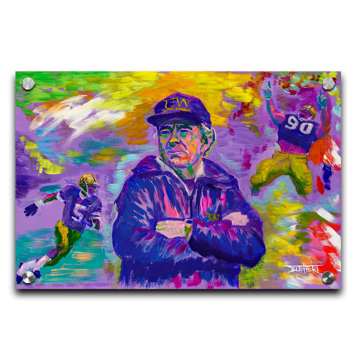 A painting of the University of Washington's 1991 national football team, including coach Don James, defensive end Steve Emtman, and wide receiver Mario Bailey. Their portraits are collaged on an abstract, colorful background in primarily purples and yellows, accented with reds, greens, and blues. Printed on acrylic.