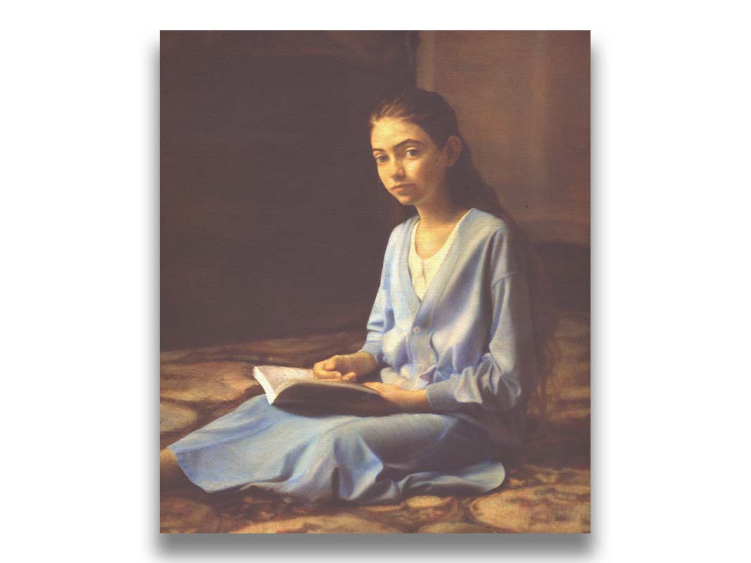 A portrait painting of a young girl dressed in blue and sitting on the floor, reading a book. It is painted in a softly lit, realistic, classical style reminiscent of the Renaissance. Printed on canvas.