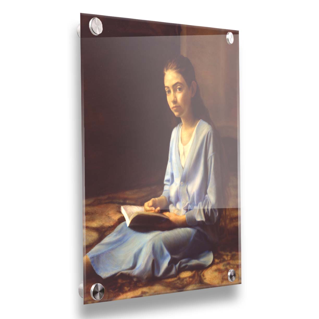 A portrait painting of a young girl dressed in blue and sitting on the floor, reading a book. It is painted in a softly lit, realistic, classical style reminiscent of the Renaissance. Printed on acrylic.