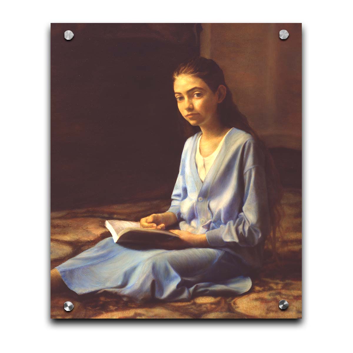 A portrait painting of a young girl dressed in blue and sitting on the floor, reading a book. It is painted in a softly lit, realistic, classical style reminiscent of the Renaissance. Printed on acrylic.