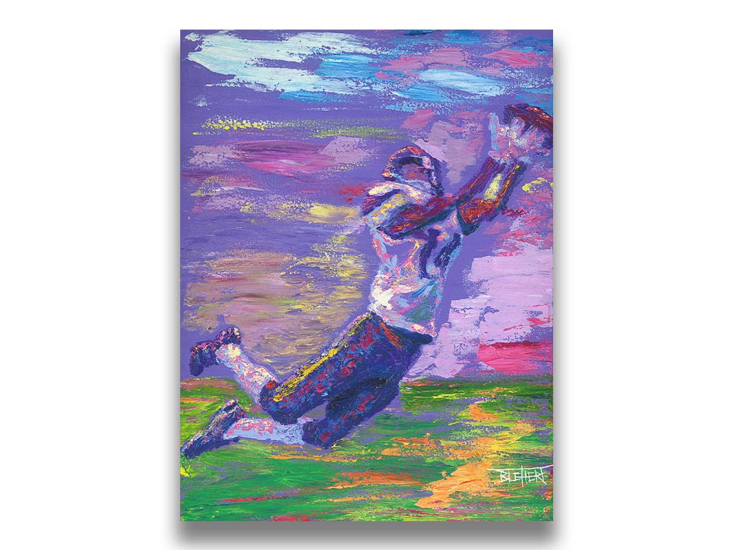 A portrait painting of Minnesota Vikings star wide receiver Stefon Diggs, leaping to catch a football. It is painted in a primarilu purple palette, reminiscent of the team's colors. Printed on canvas.