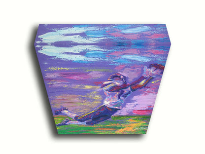 A portrait painting of Minnesota Vikings star wide receiver Stefon Diggs, leaping to catch a football. It is painted in a primarilu purple palette, reminiscent of the team's colors. Printed on canvas.