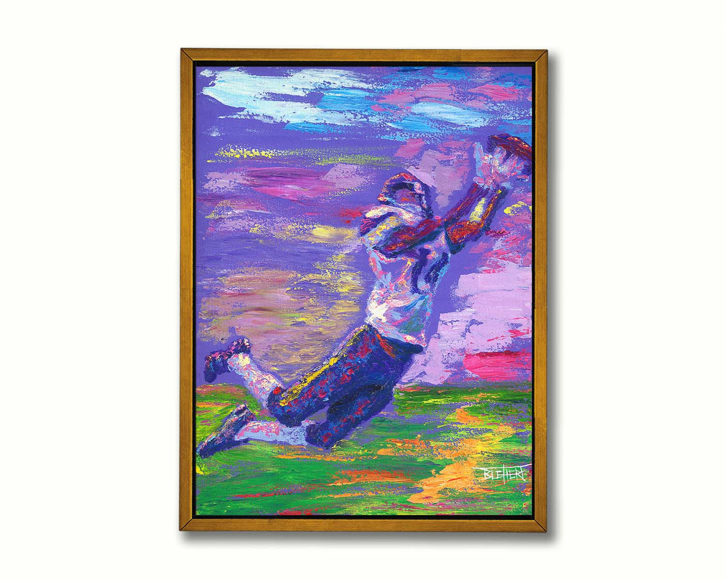 A portrait painting of Minnesota Vikings star wide receiver Stefon Diggs, leaping to catch a football. It is painted in a primarilu purple palette, reminiscent of the team's colors. Printed on canvas in a float frame.