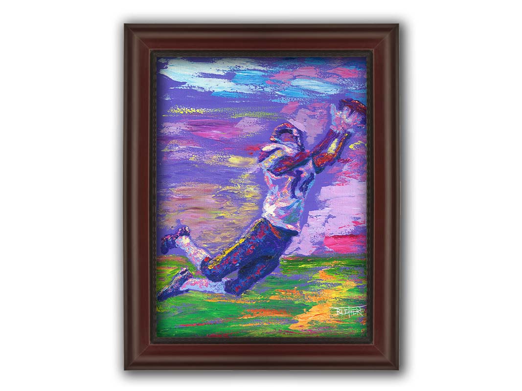 A portrait painting of Minnesota Vikings star wide receiver Stefon Diggs, leaping to catch a football. It is painted in a primarilu purple palette, reminiscent of the team's colors. Printed on canvas and framed.