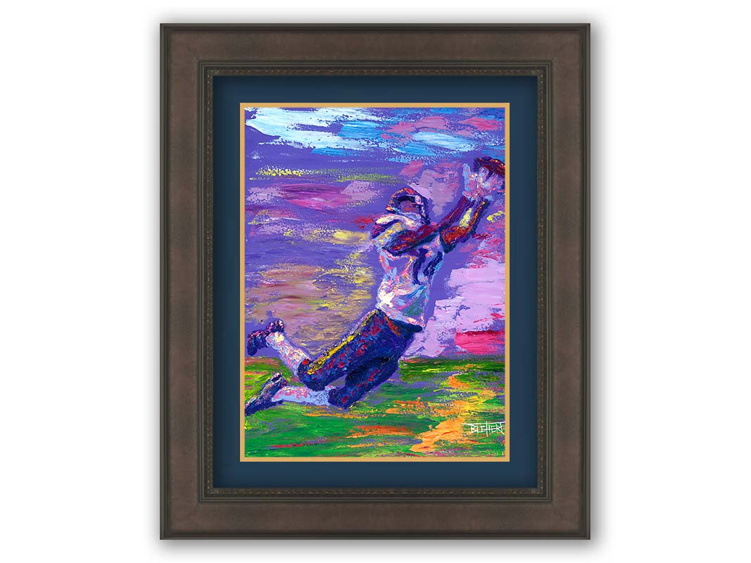 A portrait painting of Minnesota Vikings star wide receiver Stefon Diggs, leaping to catch a football. It is painted in a primarilu purple palette, reminiscent of the team's colors. Printed on paper, matted, and framed.