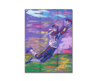 A portrait painting of Minnesota Vikings star wide receiver Stefon Diggs, leaping to catch a football. It is painted in a primarilu purple palette, reminiscent of the team's colors. Printed on a box board.